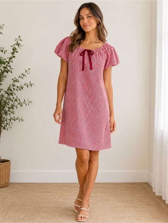 Dresses & Skirts - Red Gingham Puff Sleeve Shift Dress with Ribbon